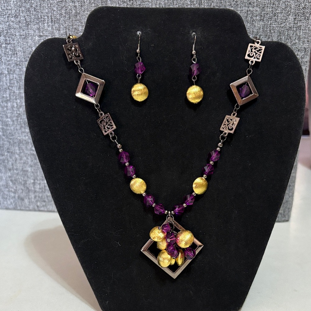Necklace and Earring Set - Purple & Gold